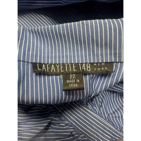 Lafayette 148 Top Plus Size 22 Blue White Stripe Ruched Button Up Long Sleeve - Picture 6 of 9